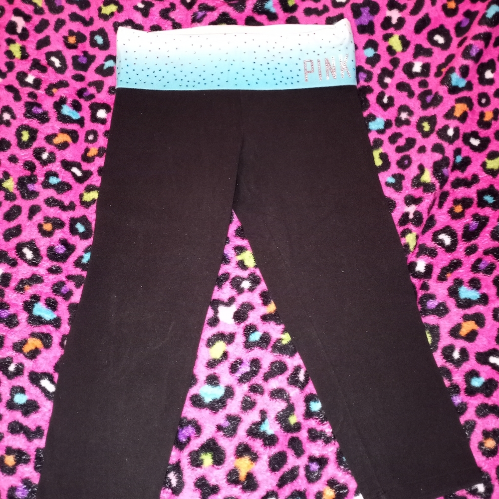 Victoria's Secret pink crop yoga capris blue white ombre rhinestone bling, XS